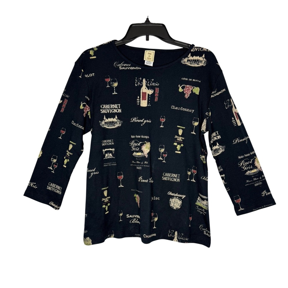 Jess & Jane Wine Country Top Size Medium Black Rhinestone Detail 100% Cotton NWT